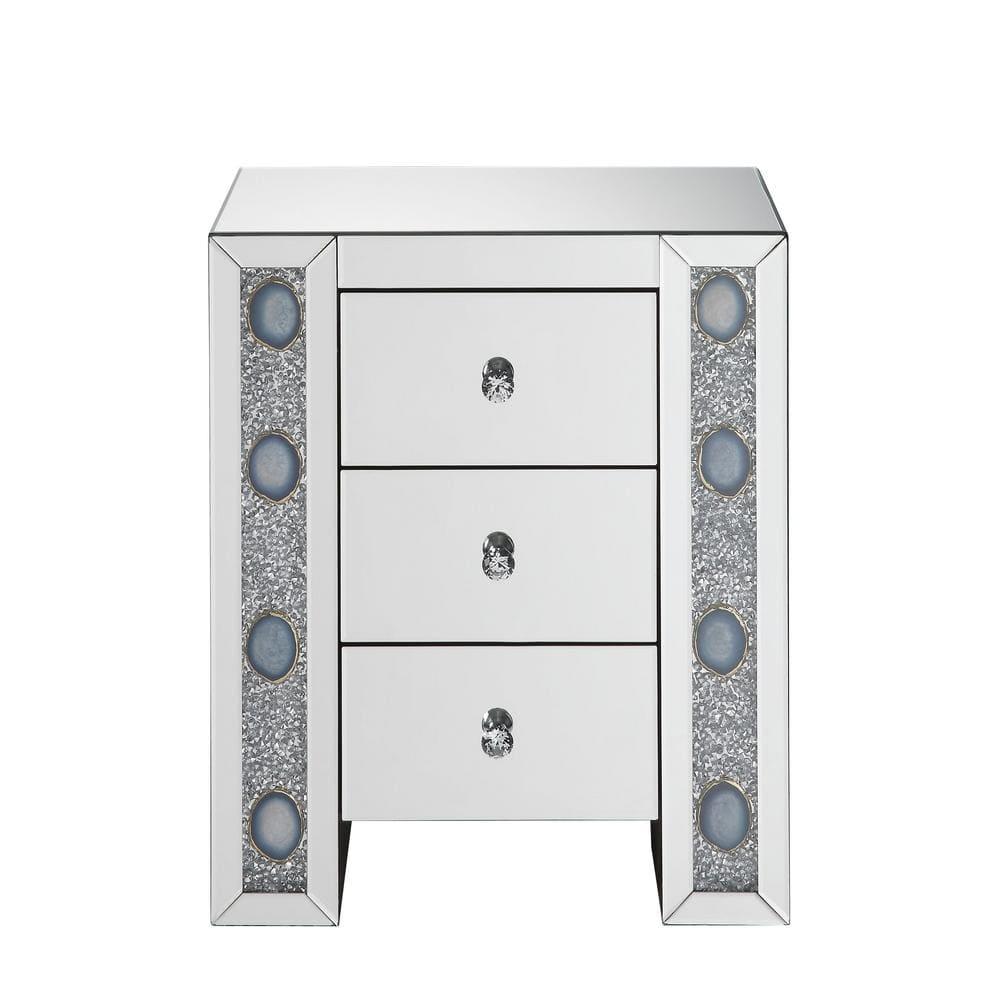 ACME Sonia 3-Drawers Mirror and Wood Nightstand in Mirrored/Faux Agate Stone