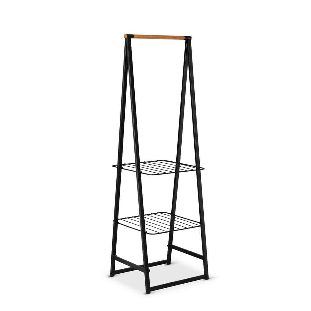 Black Steel and Bamboo Freestanding Garment Rack with Adjustable Shelves