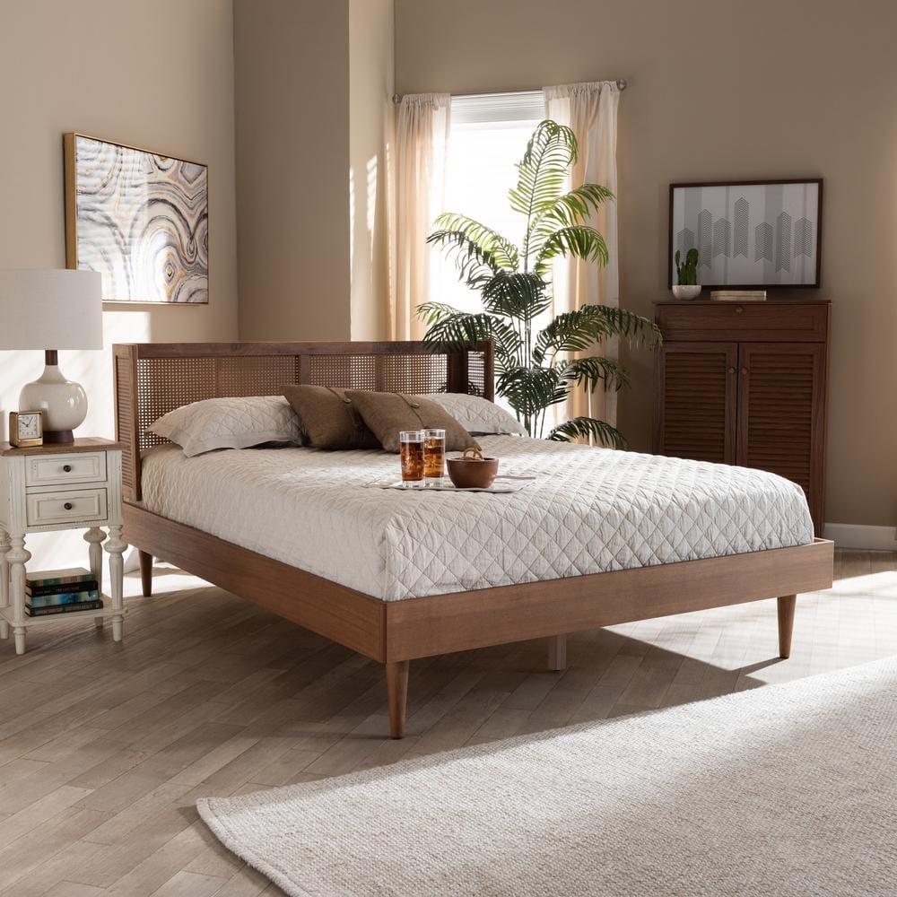 Queen Rina Wood Platform Bed with Headboard Ash Walnut - Baxton Studio: Mid-Century Modern Design, Synthetic Rattan Panel