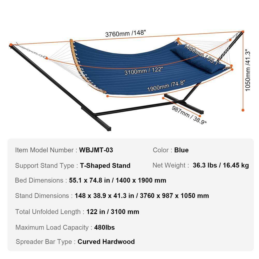 VEVOR Double Hammock with Stand Outdoor 2 Person Hammock for Outside Heavy Duty 480lb Large Free Standing Hammock Double Quilted Fabric Hammock with Portable Stand, Detachable Pillow & Bag