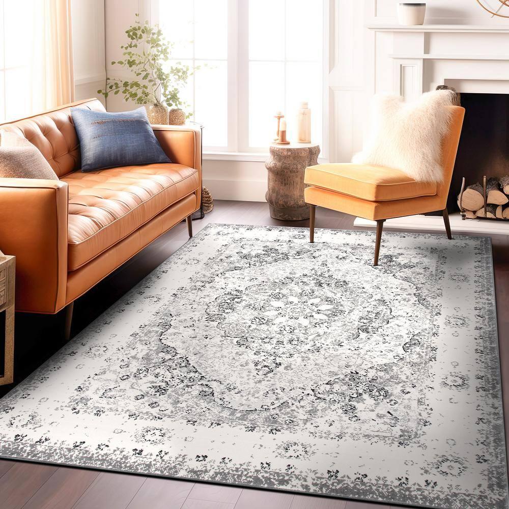 10x14 Large Area Rug - Vintage Washable Rug for Living Room with Non-Slip Low-Pile Traditional Medallion Border Rugs with Stain Resistant Foldable Retro Accent Indoor Thin Carpet