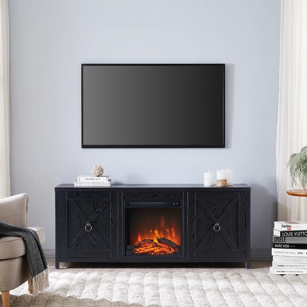 Evelyn&Zoe Granger Rectangular TV Stand with Log Fireplace for TV's up to 65", Black