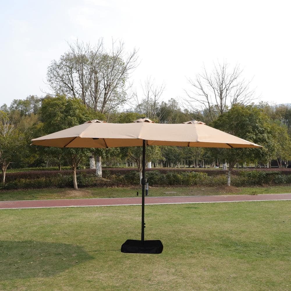15 ft. Taupe Steel Double-Sided Market Patio Umbrella with Lights