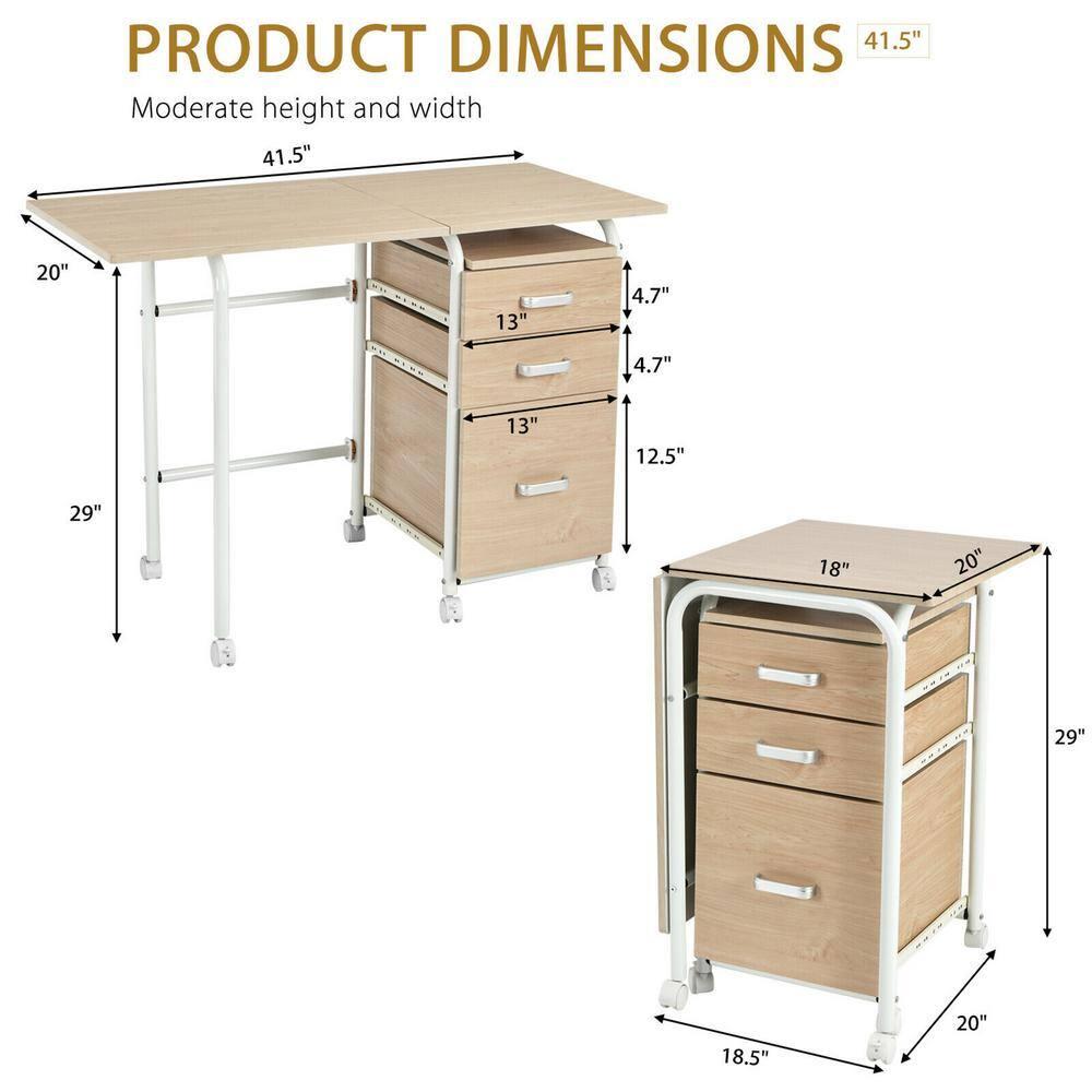 Gymax Folding Computer Laptop Desk Wheeled Home Office Furniture With 3 Drawers