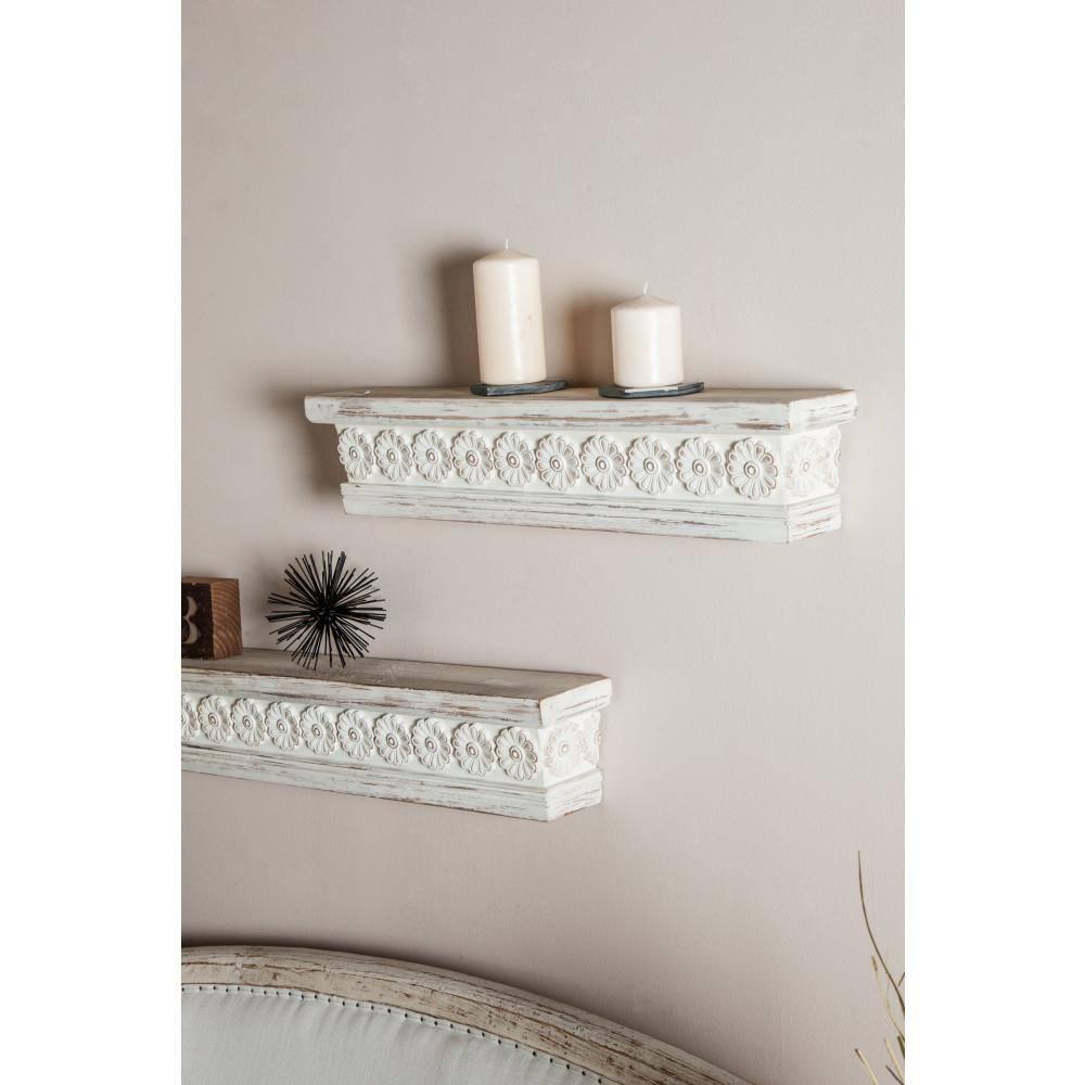 DecMode 28" x 5" Intricate Carved 1-Tier White Floral Wall Shelf