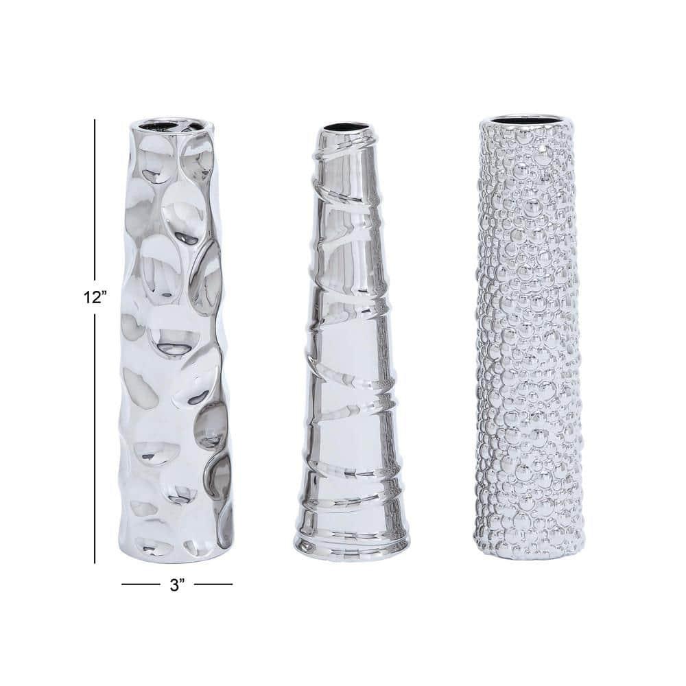 DecMode 12"H, 3"W Silver Ceramic Vase with Varying Patterns, Set of 3