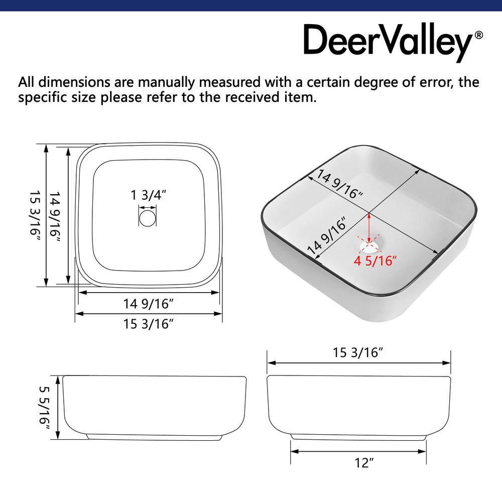 DeerValley Ace 15'' White/Black Square Ceramic Vessel Bathroom Sink