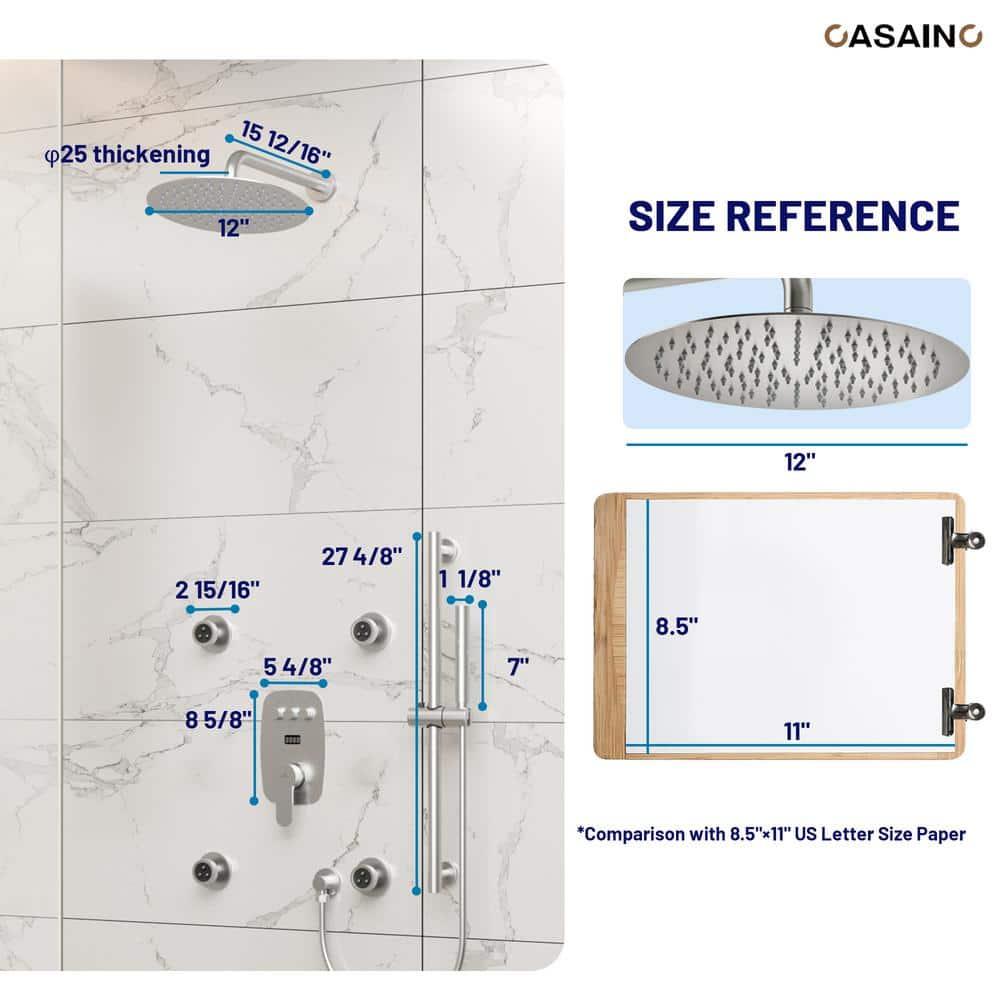 CASAINC 3-Function 12 Inch Temperature Digital Display Shower System With 2-Setting Slider Bar Handheld And 4Pcs Body Jets BR01009SX12BN