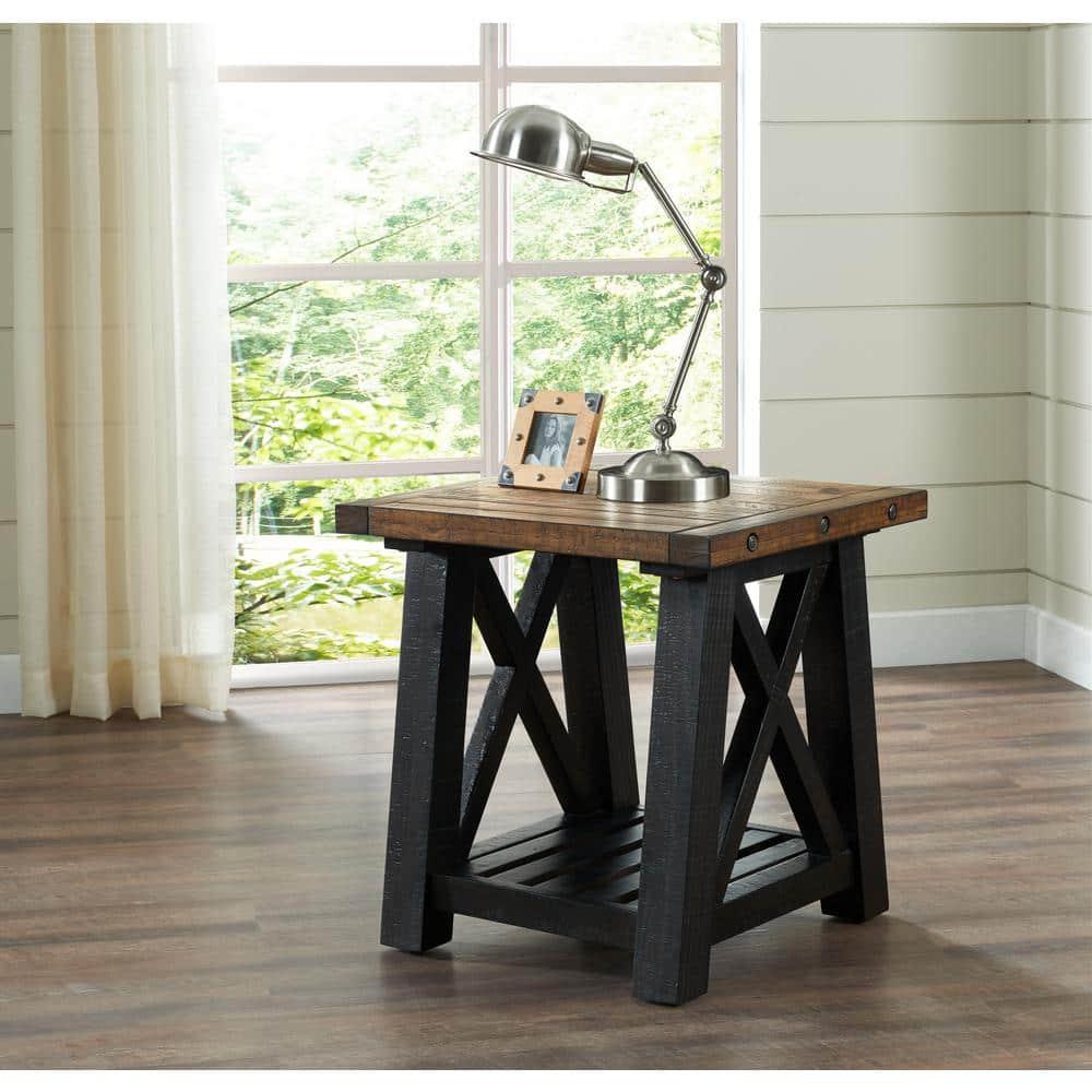 End Table with Slatted Shelf and X Legs, Brown and Black- Saltoro Sherpi