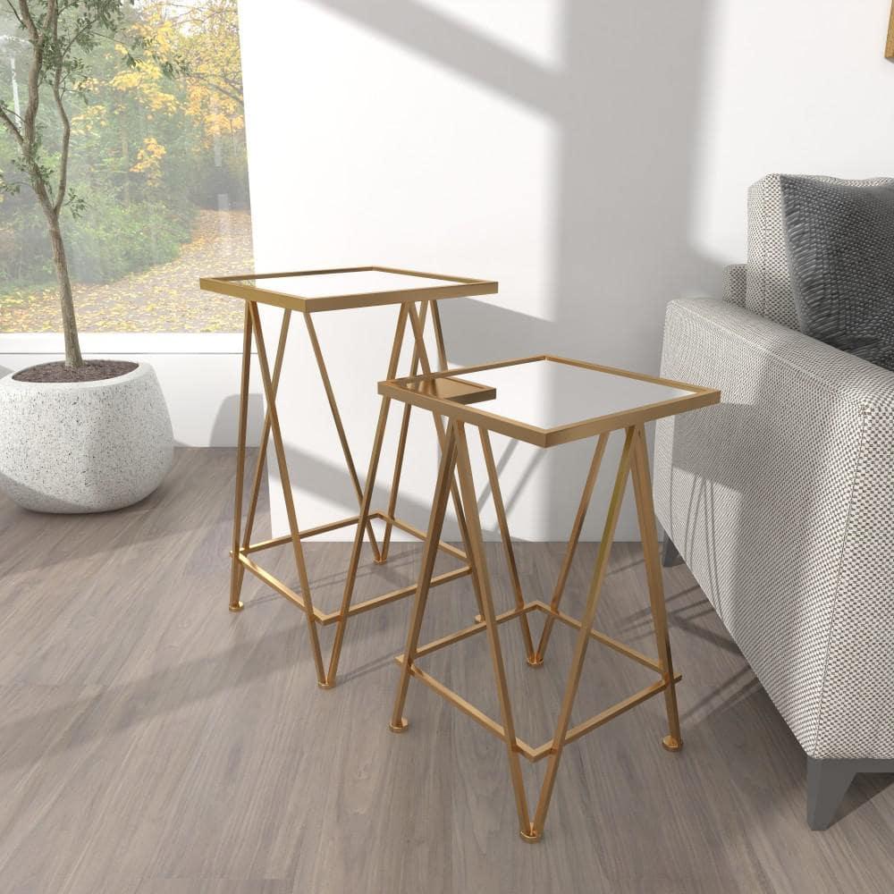 DecMode 15" x 26" Gold Metal Accent Table with Mirrored Glass Top, 2-Pieces