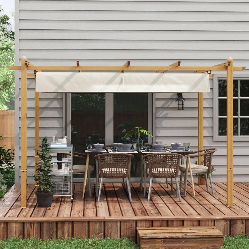 Outsunny 10' x 12' Outdoor Retractable Pergola, Heavy Duty Wood Grain Aluminum with Weather Resistant Fabric Sun Shade Canopy, Patio Shelter, Cream