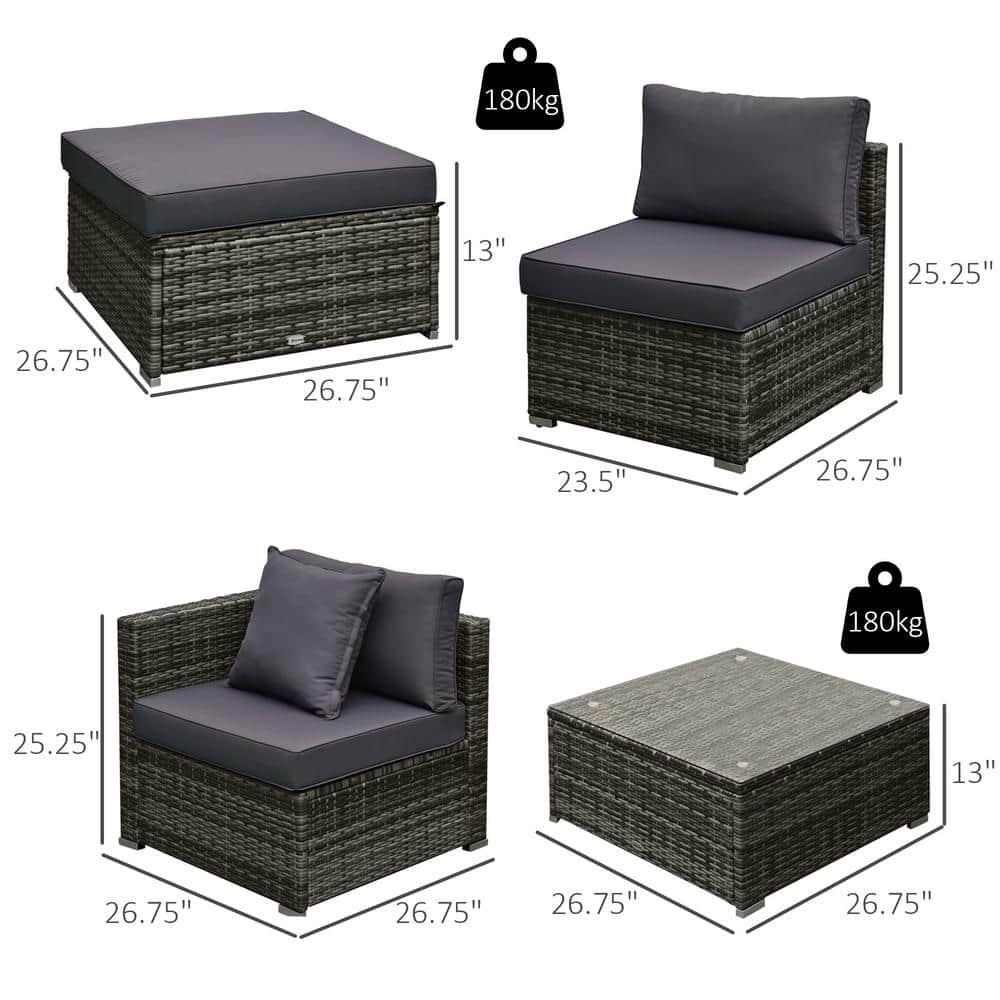 Outsunny 6 Pieces Patio Furniture Sets Outdoor Wicker All Weather PE Rattan Sectional sofa set with Ottoman, Cushions & Tempered Glass Desktop, Gray