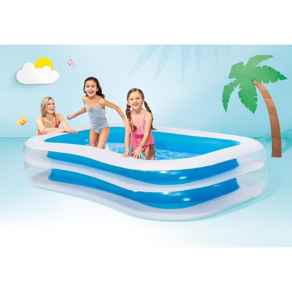 Intex Kool Splash Inflatable Play Center Swimming Pool Water Slide, Blue, and Inflatable 8.5'x5.75' Swim Center Family Pool for 2-3 Kids, Blue & White