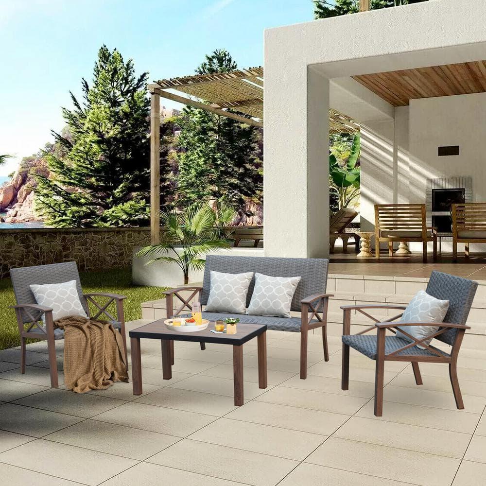 Domi Aluminum Patio Furniture Set, 4-Piece Modern Conversation Set with Cotton Padding Backrests and Seats, Outdoor Sectional Metal Sofa Set with 5.5 Inch Cushion and Coffee Table for Balcony, Garden