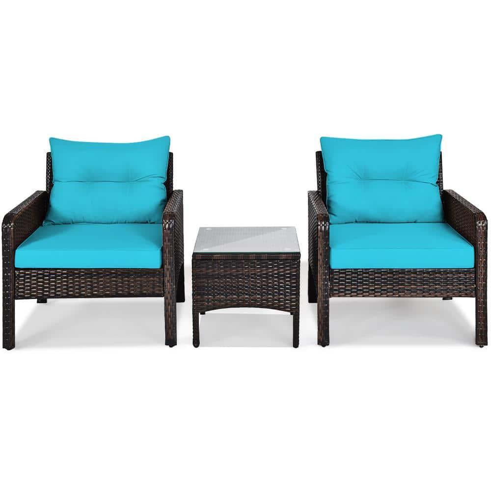 YYAo Garden Conversation Table Set, Conversation Loveseat Chairs Set, 3 Pcs Outdoor Patio Rattan Conversation Set with Seat Cushions-Turquoise