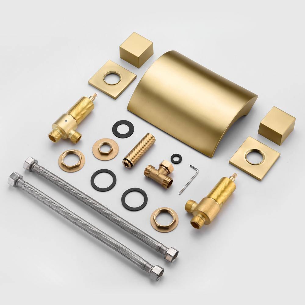 Bathroom Roman Tub Faucet with Waterfall Spout, 3 Hole Deck Mount Bath Tub Filler Brushed Gold