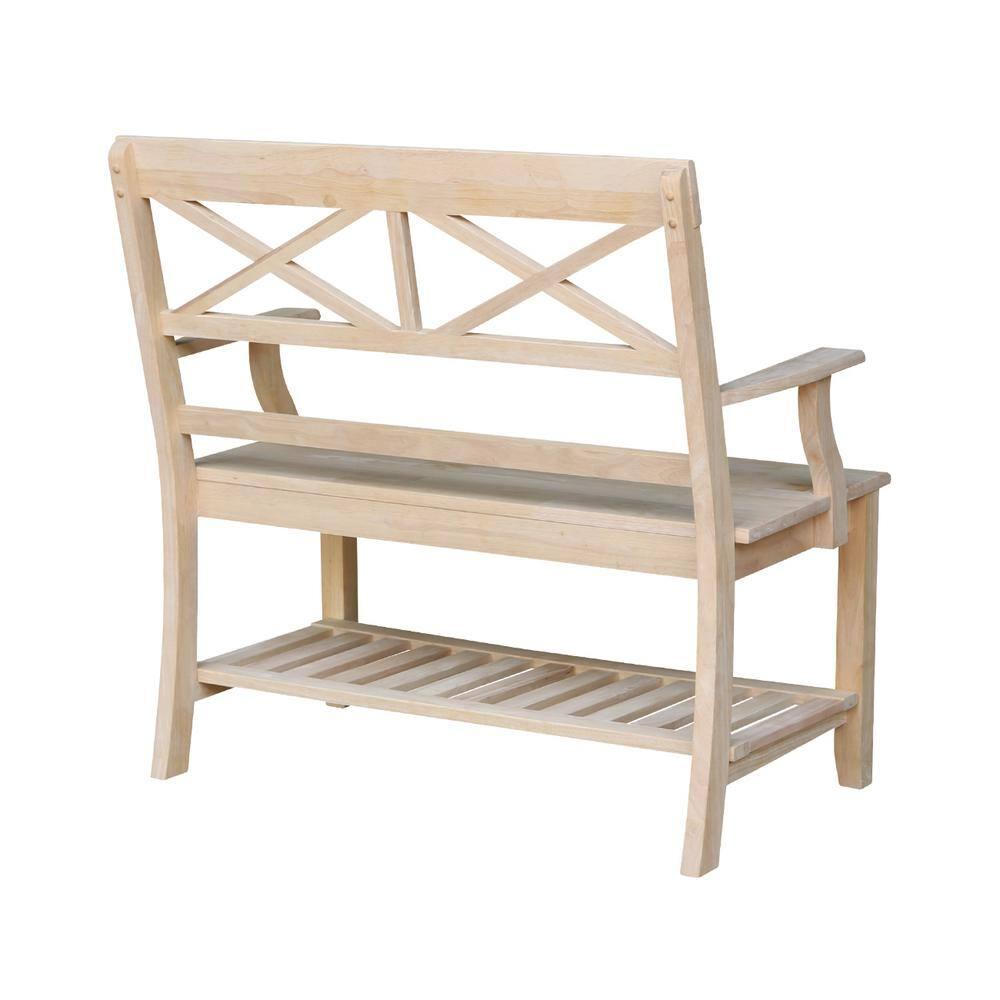 Double X-Back Bench with Arms and a Shelf - International Concepts: Hardwood Frame, Non-Upholstered, 2-Person Seating