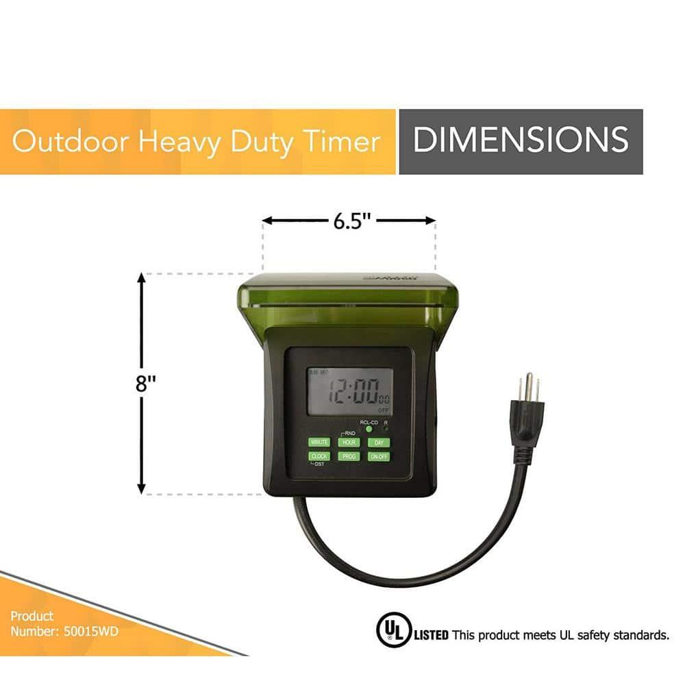 Woods 50015WD Outdoor 7-Day Heavy Duty Digital Plug-in Timer, 2 Grounded Outlets, Weatherproof, Perfect for Automating Holiday/Christmas Lights, Energy Saving Precision Programming, Black & Green