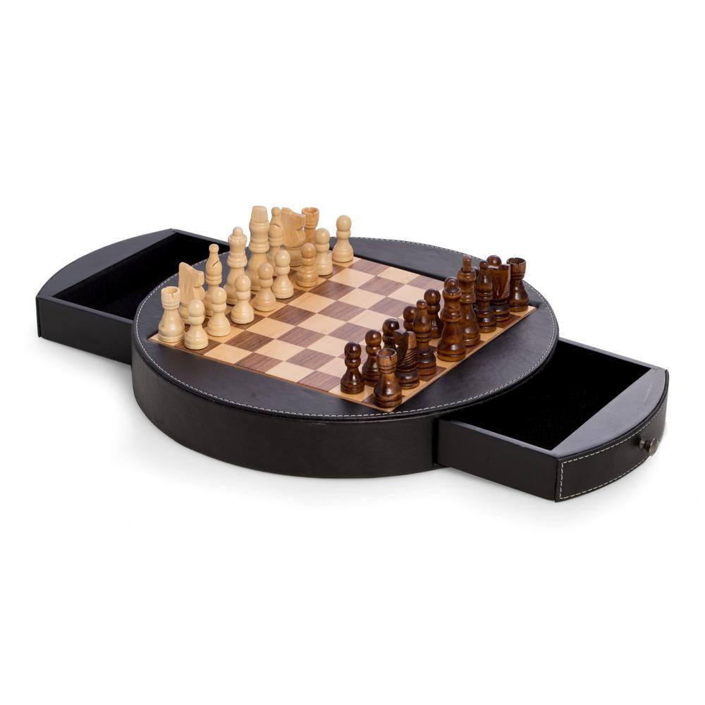 Leather & Wood Chess Set, Black