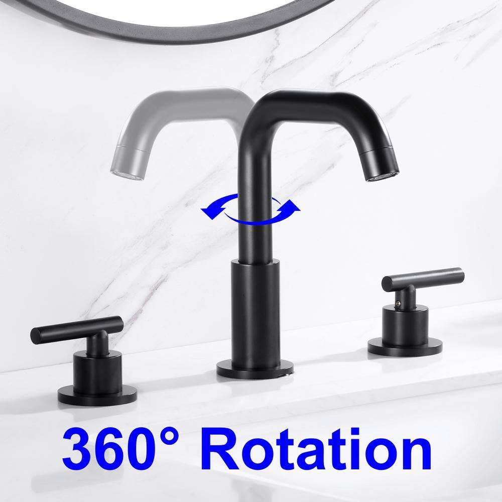 Matte Black 8 inch Widespread Bathroom Sink Faucet Vanity Lavatory Faucet for 3 Holes with Pop up Drain and 360 Degree Swivel Brass Spout