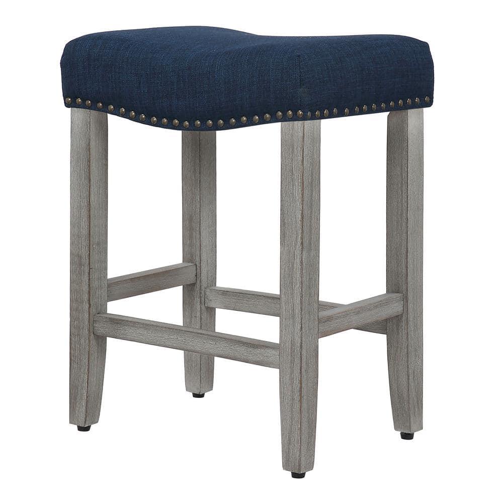 Polytrends Jameson Upholstered Polyester 24" Counter Stool - Gray Legs/ Saddle Seat Antique Gray/Navy Blue Wood Wood Foam 250lbs