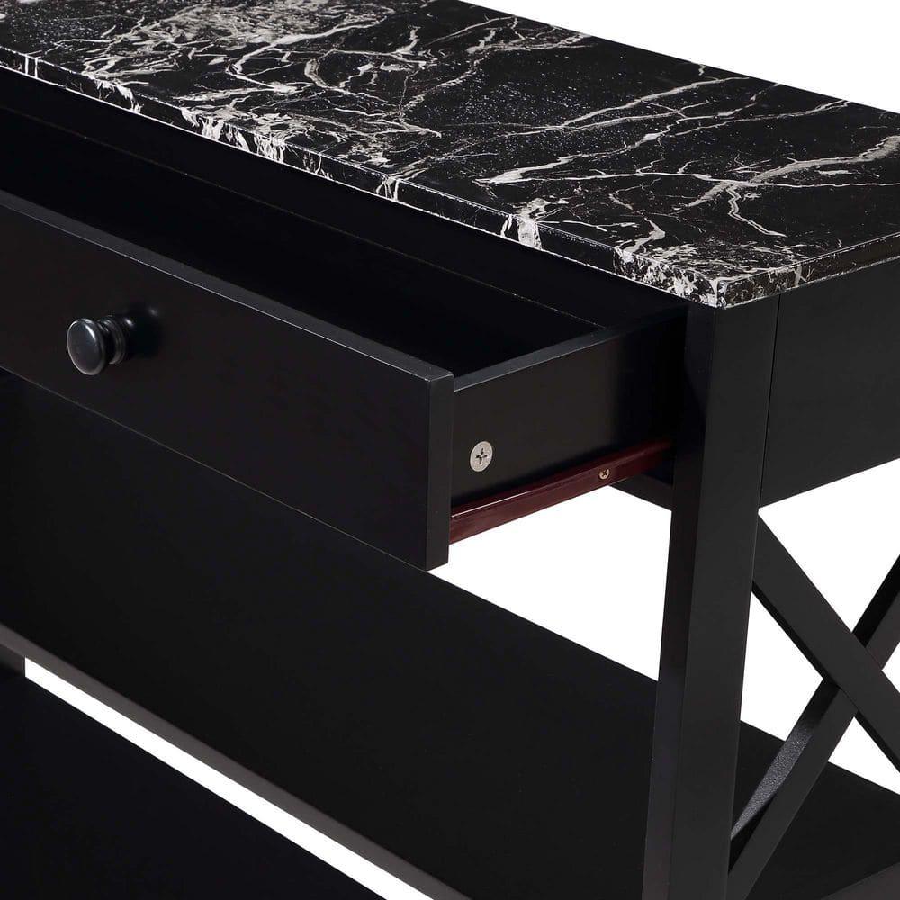 TiaGOC 1 Drawer Console Table with Shelves, Black Faux Marble/Black