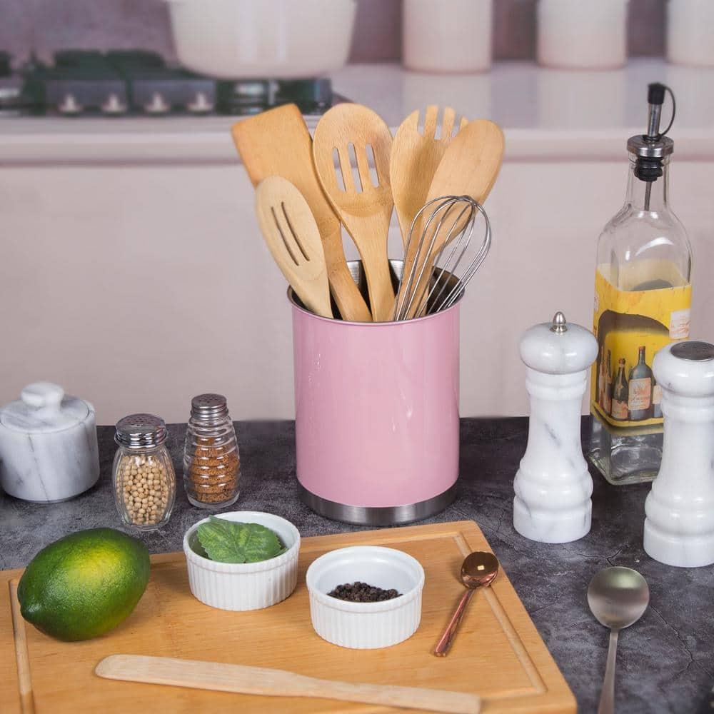 Creative Home Stainless Steel Tool Crock Utensil Holder, 5" x 5 "x 6.25", Pink