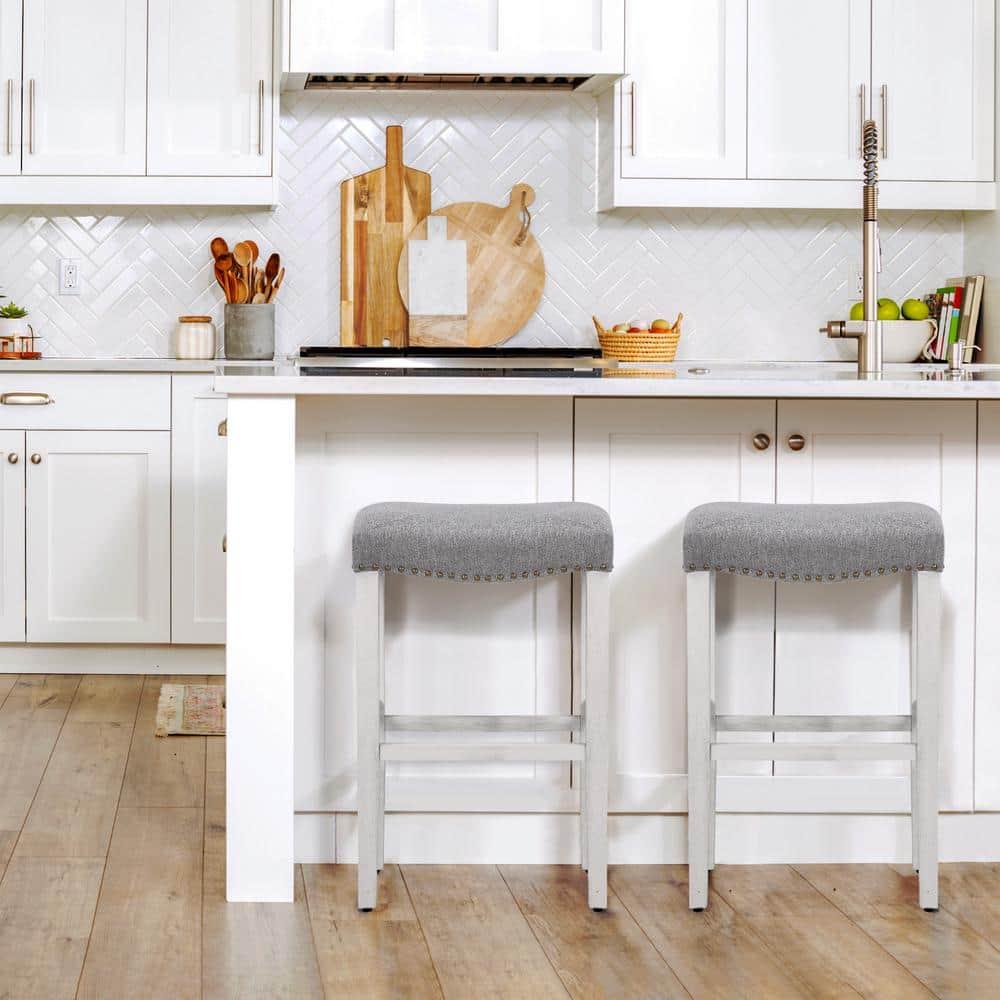 Polytrends Jameson Upholstered Polyester 29" Bar Stool with White Legs - (Set of 2) Antique White/Gray