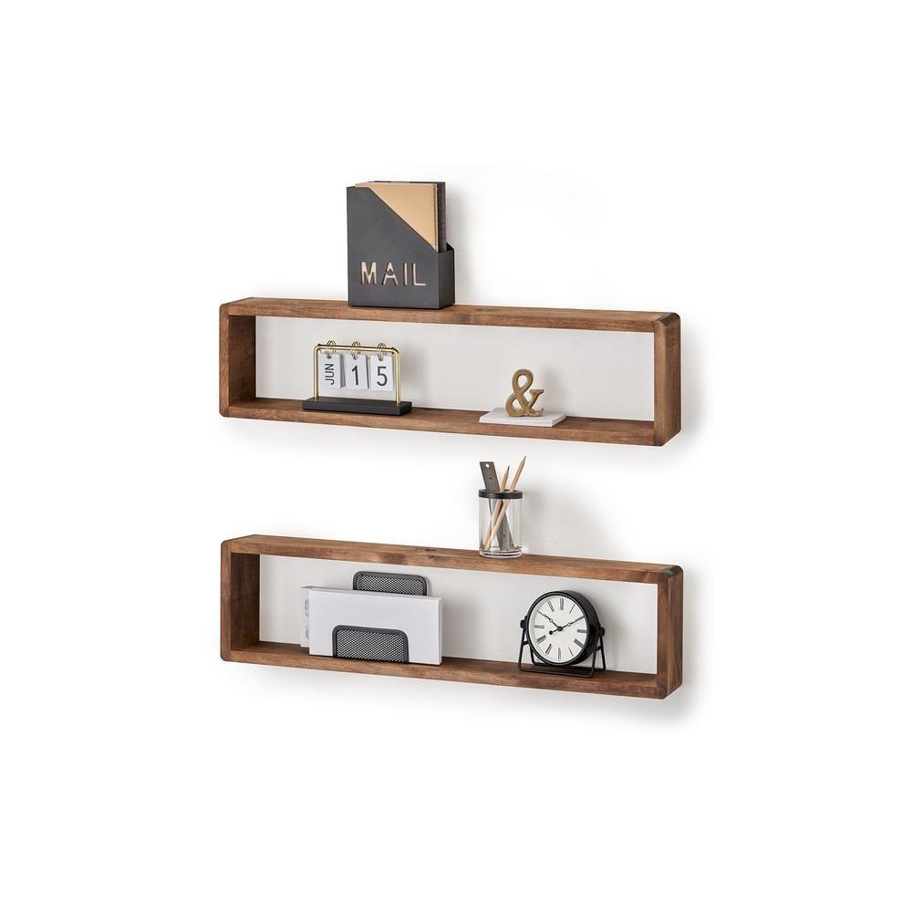 Stackable Floating Shelves, Farmhouse Style Decorative Box Bookshelves for Bedroom, Living Room, and More, Solid Wood, 8" H x 32" W x 4.00" D, Walnut Finish, 2-Pack