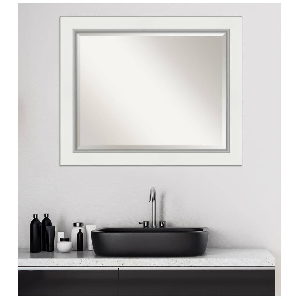 Amanti Art 33" x 27" Eva White Silver Framed Bathroom Vanity Wall Mirror: Modern Rectangular, Wall-Mounted, Beveled Glass