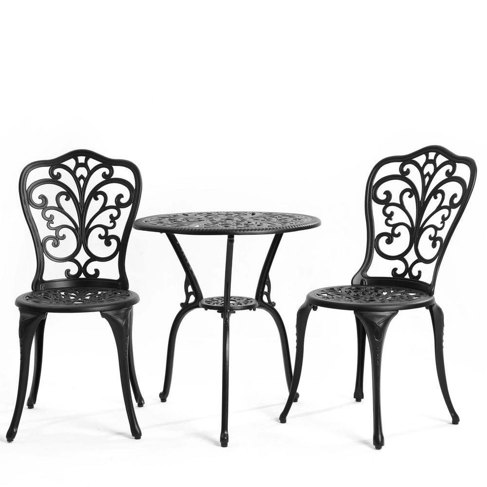 Black Cast Aluminum 3-Piece Outdoor Bistro Set with Round Table