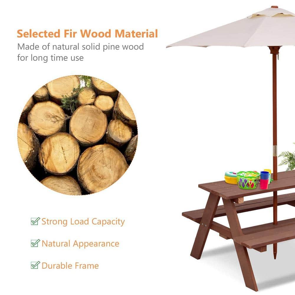 Wooden Outdoor Kids Picnic Table with Umbrella and Bench