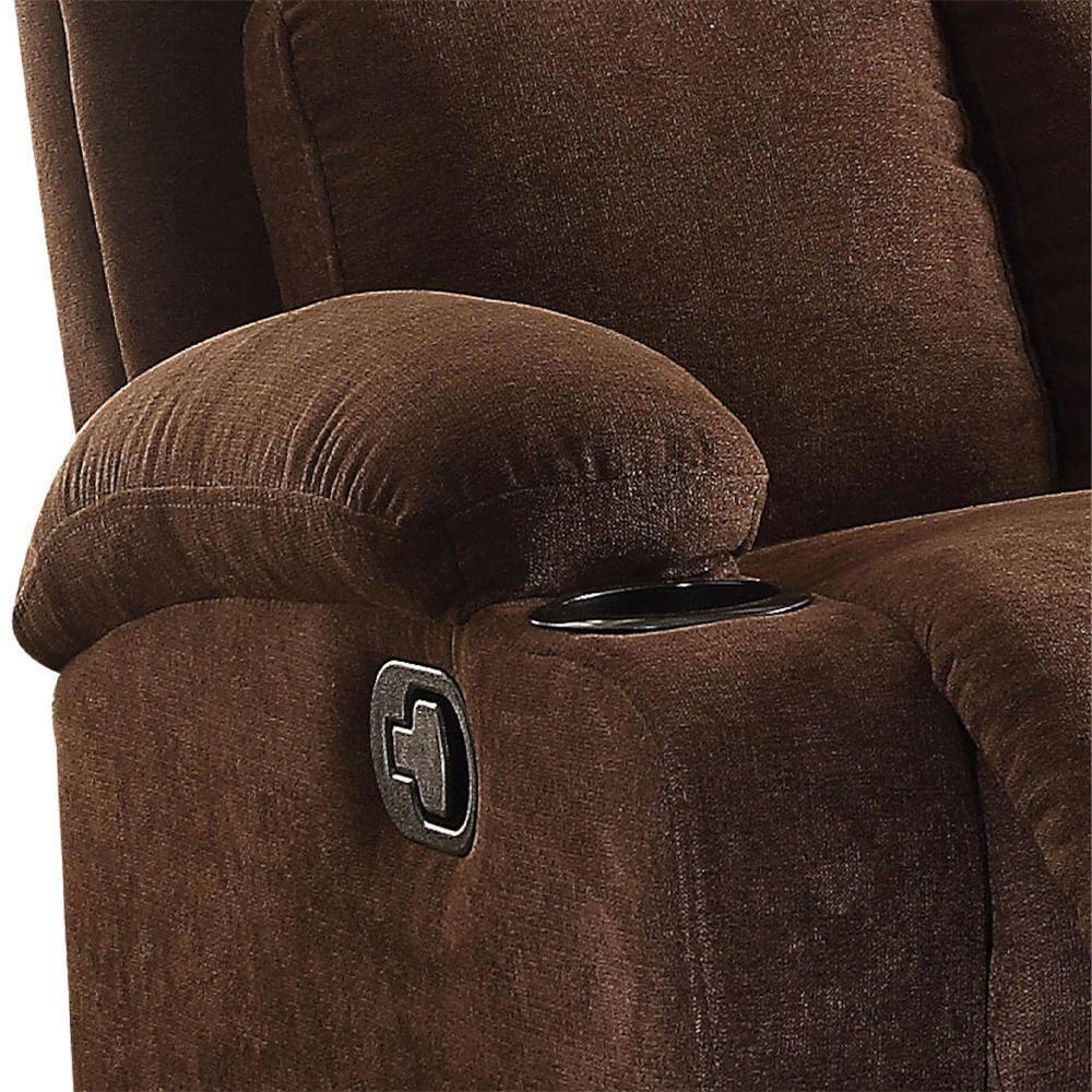 Rosia Linen Recliner Chocolate - Acme Furniture: Microfiber, Cup Holders, Wood Frame