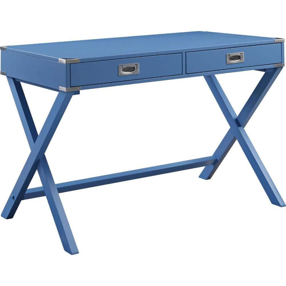 Furniture Modern Blue Writing Desk (24D x 42W x 30H, X-Shaped Base) - 2 Drawers