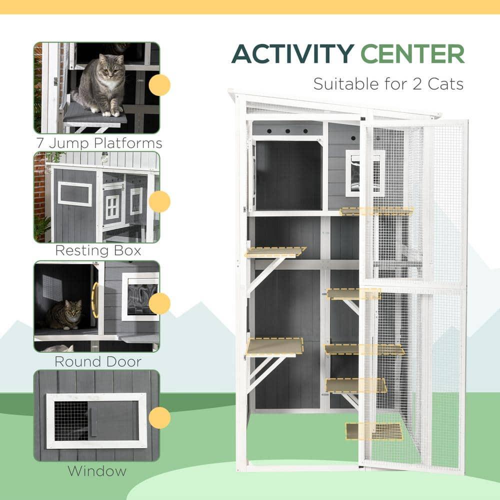 PawHut Walk-in Catio Outdoor Cat Enclosure, 7 Perches & Divided Den, Outdoor Cat House Weatherproof, Cat Shelter Kitty House Cat Cage, Cat Gift, Gray