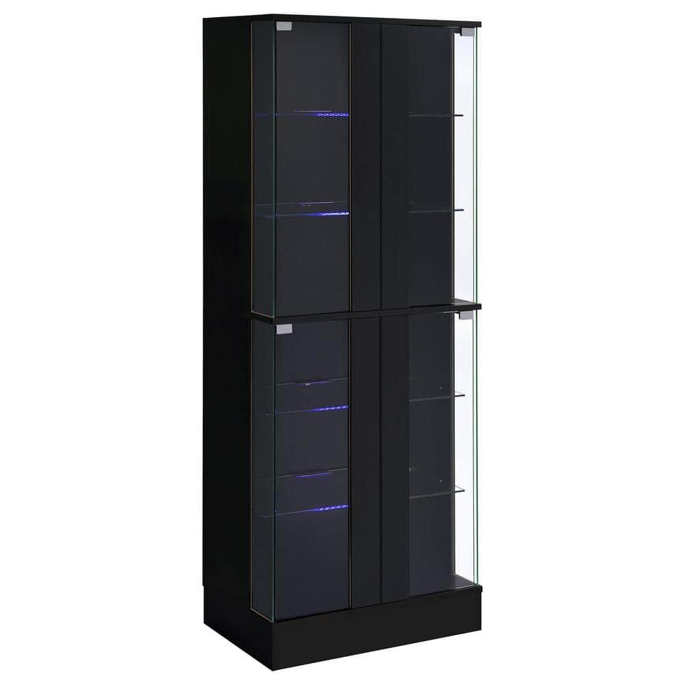 Coaster Cabra Modern Wood Curio Cabinet with Glass Shelves and LED Lighting Black High Gloss