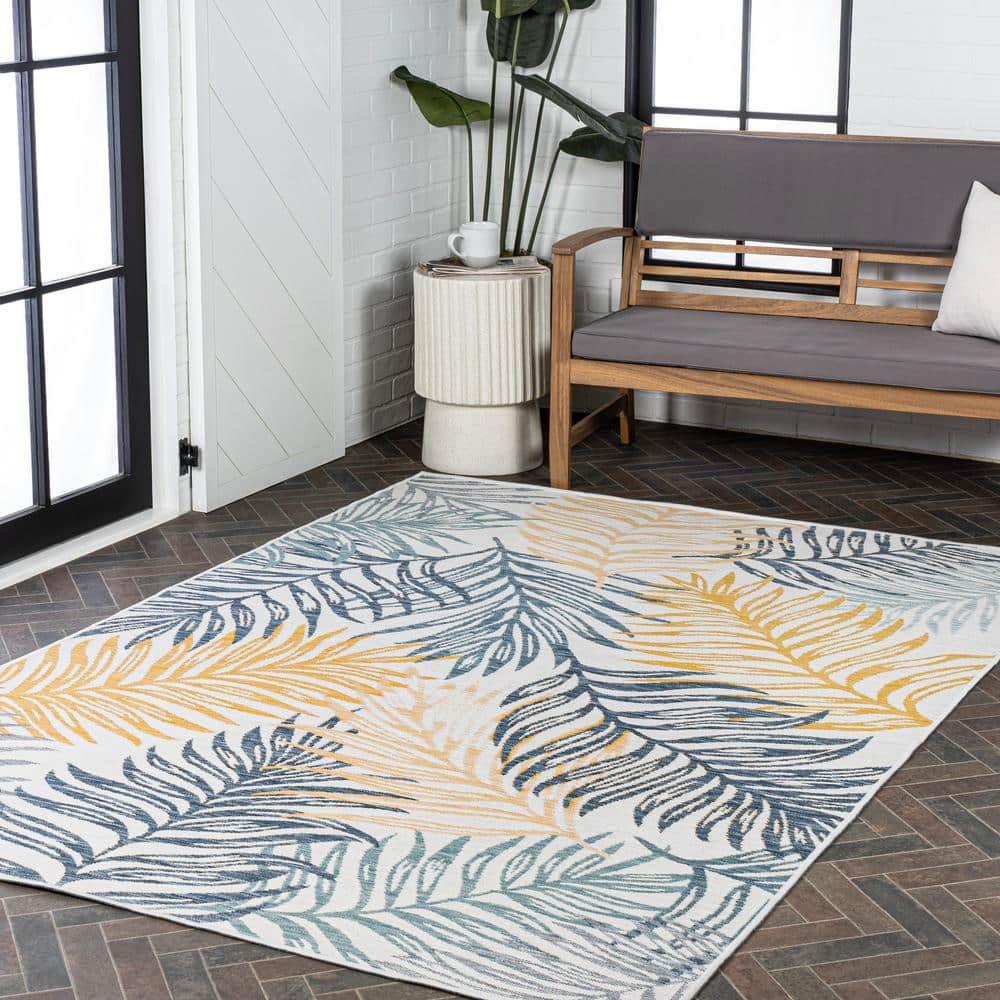 JONATHAN Y Calypso Coastal Casual Palm Frond Reversible Machine-Washable Cream/Navy 5 ft. x 8 ft. Indoor/Outdoor Area Rug