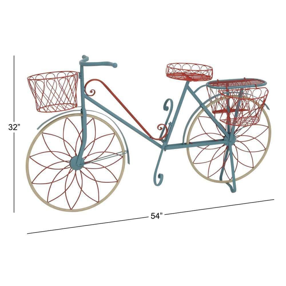 DecMode Vintage Turquoise/Red 3 Tier Bicycle Inspired Metal Plantstand, 54"W x 32"H