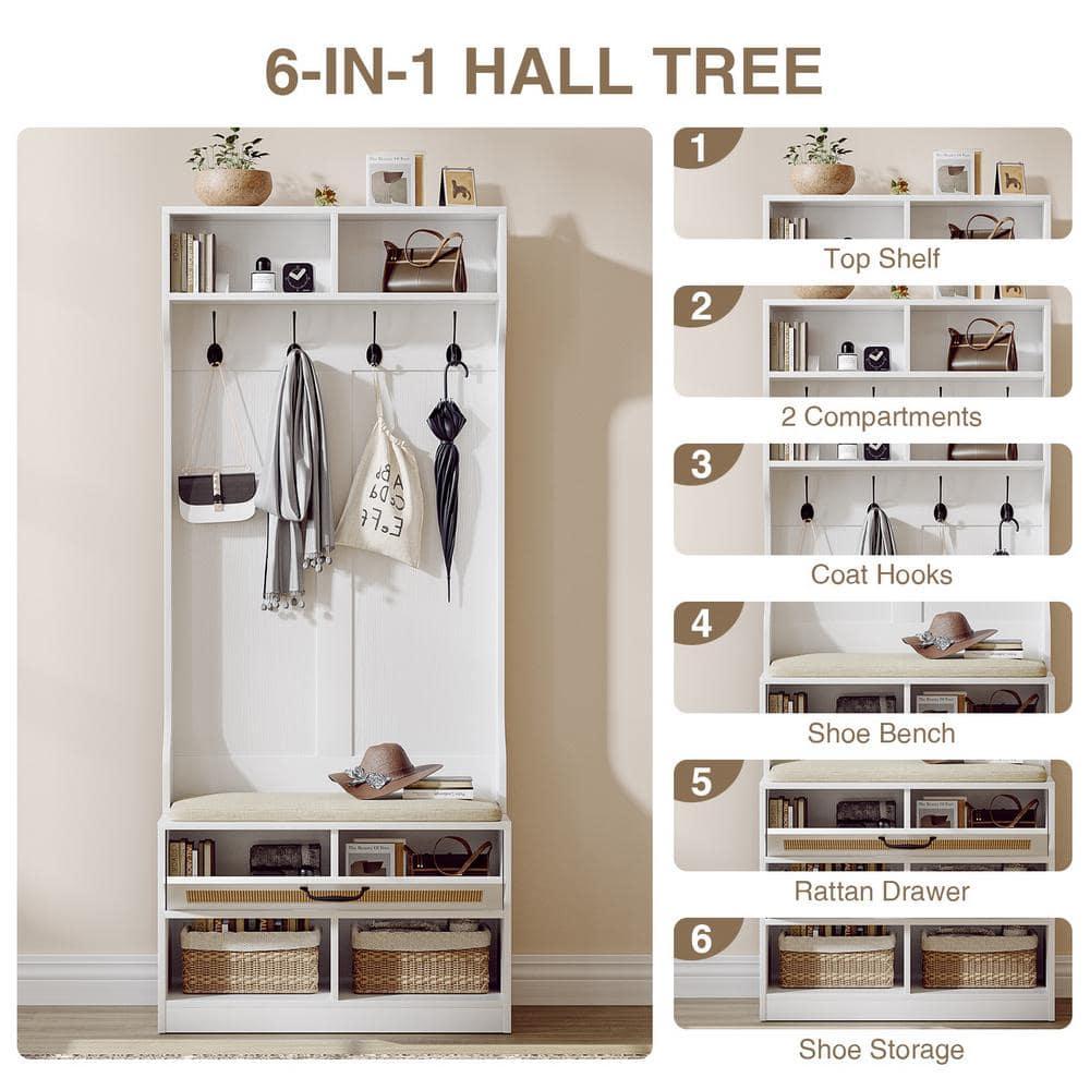 Anmytek Hall Tree with Bench and Shoe Storage, Entryway Coat Rack with 6 Compartments 4 Hooks & Rattan Door, Shoe Storage Bench with Soft Cushion for Hallway, Living Room, Mudroom