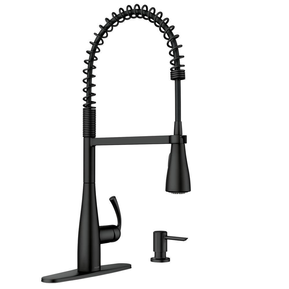 Moen Essie Pre-Rinse Spring Pull Down Single Handle Kitchen Faucet with Power Clean Technology and Soap Dispenser