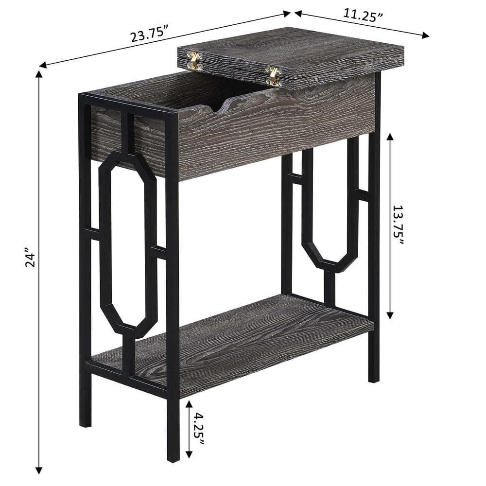 24 in. Omega Flip Top End Table with Charging Station, Weathered Gray Wood & Black