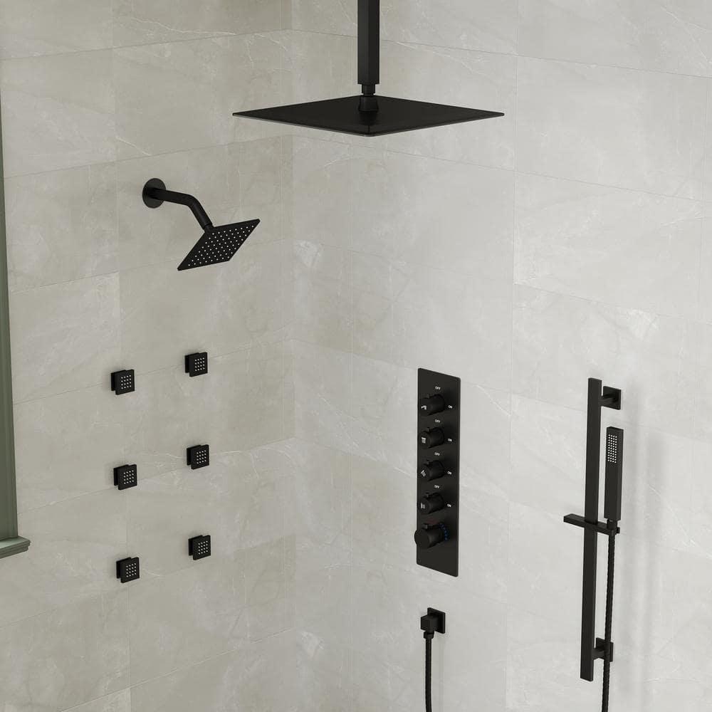 DualJetSpa 15-Spray Patterns 16" & 6" Dual Shower Head, Shower FaucetSystem with Thermostatic Rough-in Valve and Body Jets