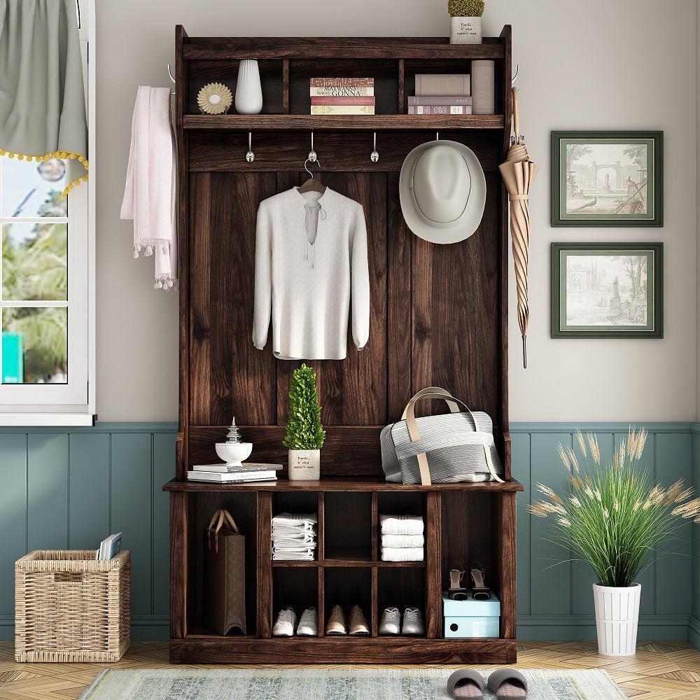 3 in 1 Hall Tree Coat Hanger Entryway Bench with 6 Hooks & Adjustable Shelves, Solid Wood Hallway Organizer with Storage Compartment for Hallway Living Room Mudroom, Brown