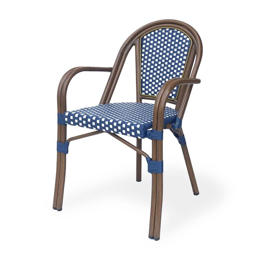 Cecil Aluminum and Wicker Outdoor French Bistro Chairs, Set of 2, Navy Blue, White, and Brown Wood