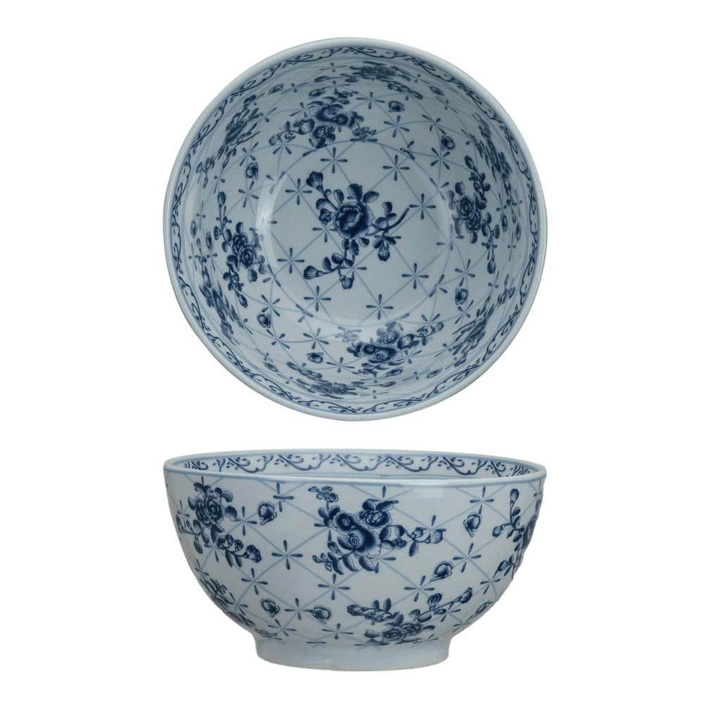 Creative Co-Op Floral Elegance Porcelain Bowl, Blue and White