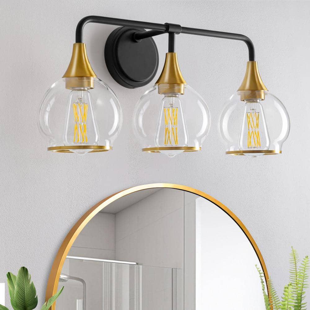 KAISITE 3-Light Black & Gold Dimmable Vanity Light with Clear Glass Shades