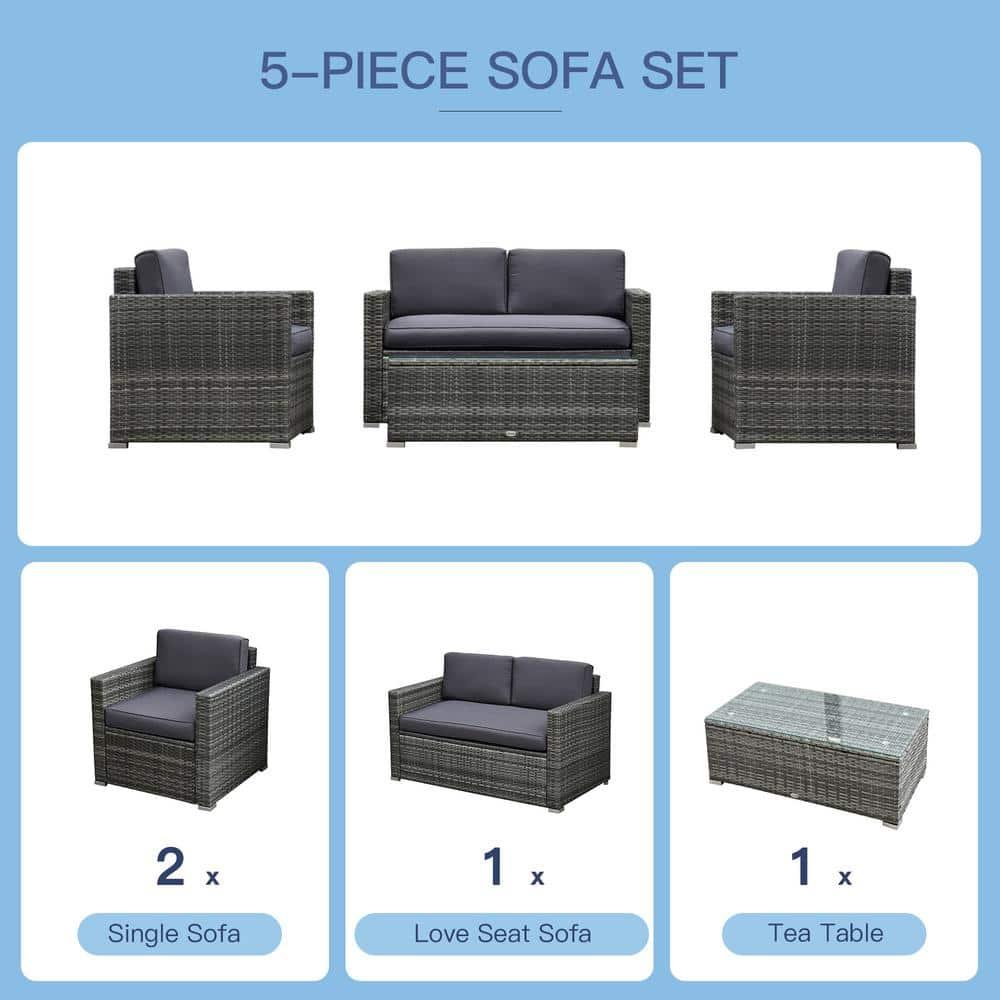 Outsunny 4-Piece Rattan Wicker Furniture Set, Outdoor Cushioned Conversation Furniture with 2 Chairs, Loveseat, and Glass Coffee Table, Gray