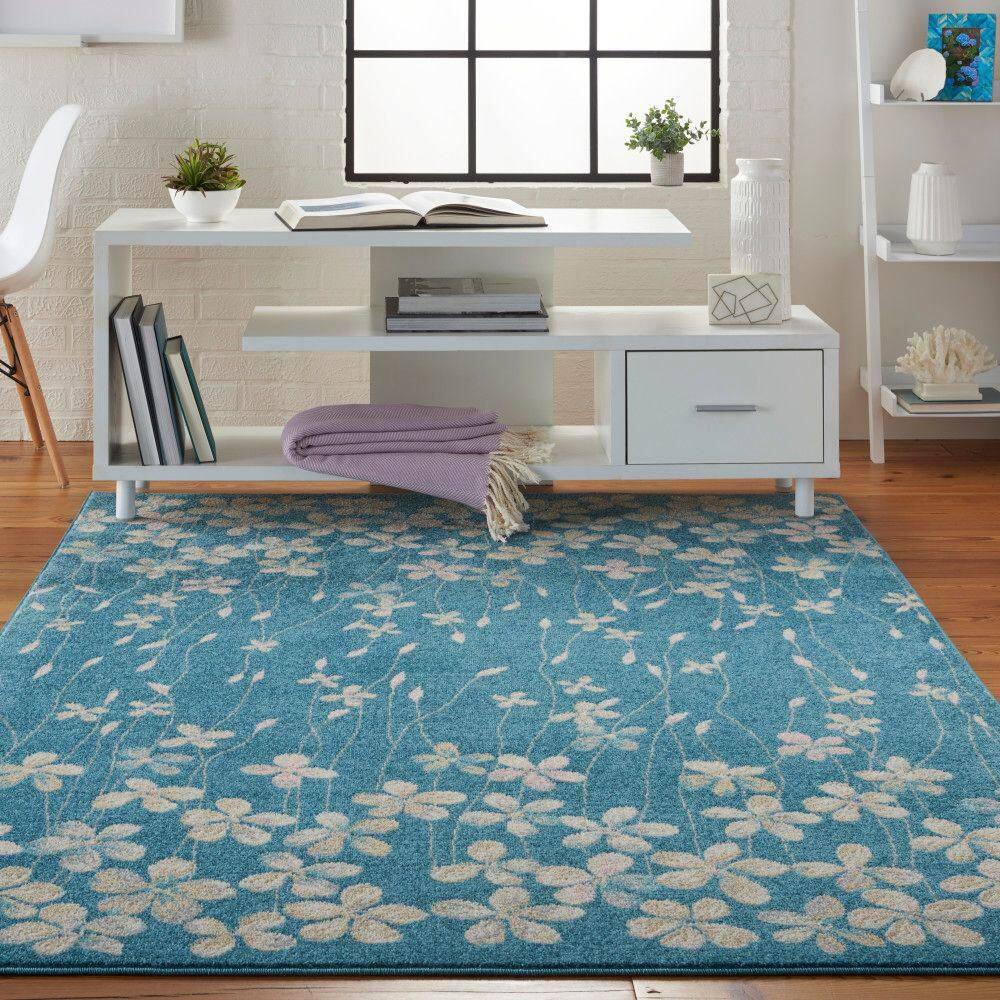 Nourison Tranquil 5'3" X 7'3" (5' x 7') Turquoise Area Rug Bohemian Botanical Vine and Bloom by Nourison