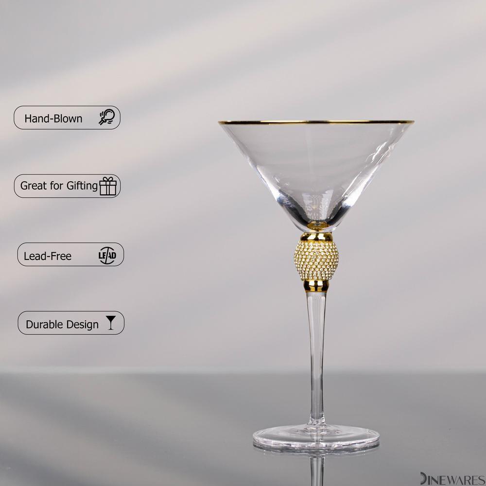 Dinewares Clear Stem Crystal Martini Glasses with Rim and Diamond-like Rhinestones, Elegant 10oz Glassware Set for Cosmopolitan Vodka, Gold Set of 4