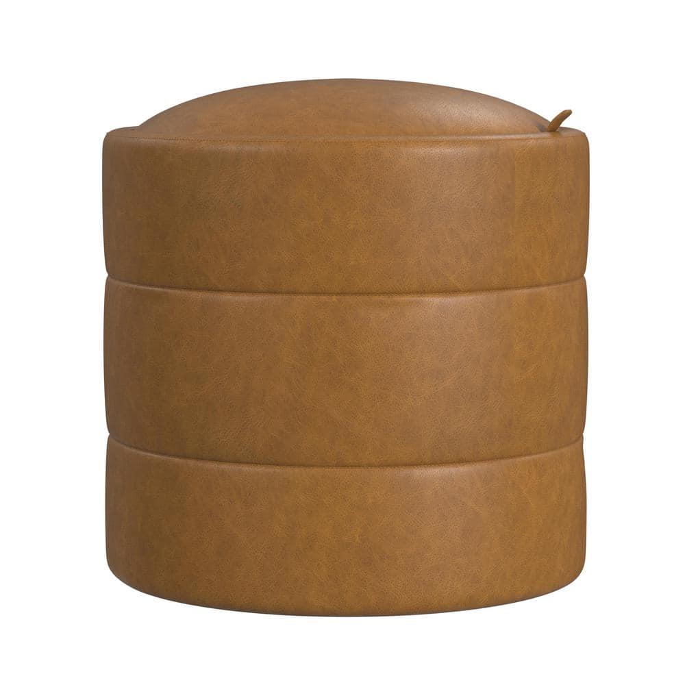 HomePop Storage Round Ottoman Caramel: Upholstered Vanity Stool, Footrest with MDF Frame
